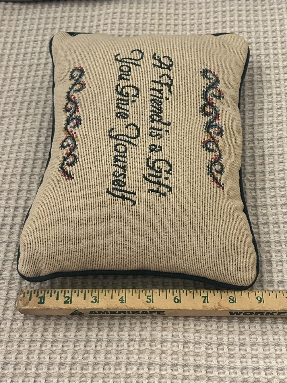 Embroidered 'A Friend is a Gift' Decorative Pillow - Cream with Green Accents